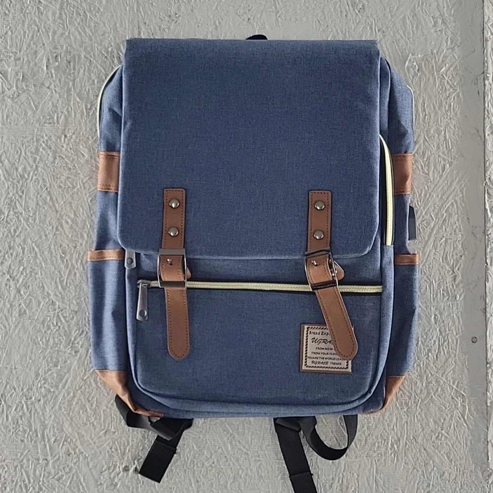 Stylish Blue and Brown Backpack Vintage Style NWOT